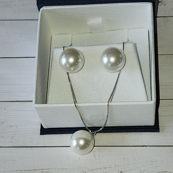925 Sterling Silver 12mm White Shell Pearl Pendant Necklace And Earrings Set NEW - Picture 11 of 16